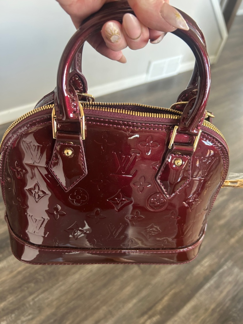 Patent-Effect Dome Satchel in Burgundy Patent - Picture 9 of 9